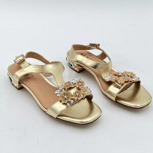 Gold Comfort Open Toe Rhinestone T-Strap Sandals Ankle Strap Low Heel Easy Shoes
